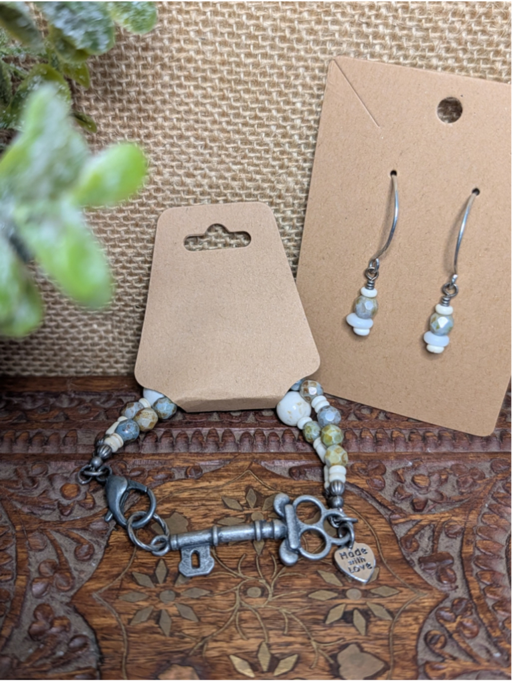 Handcrafted Double Strand Skeleton Key Beaded Bracelet Dangle Drop Earrings Set